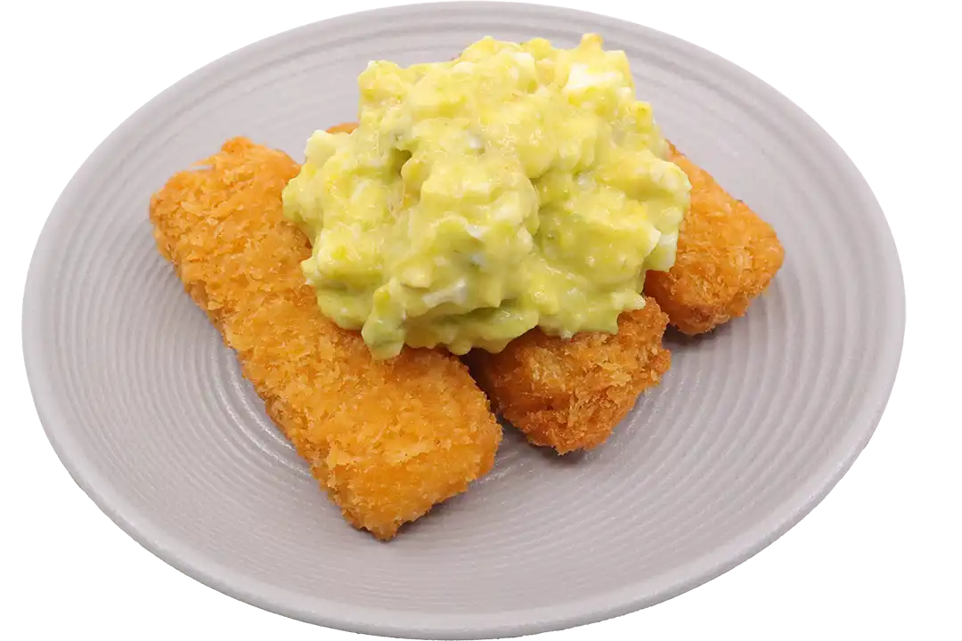 Avocado potato salad with fried fish